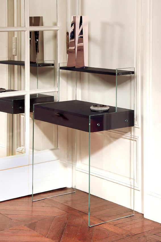 Bonheur du Jour Zen 9, console et bureau en verre trempé extra clair et bois