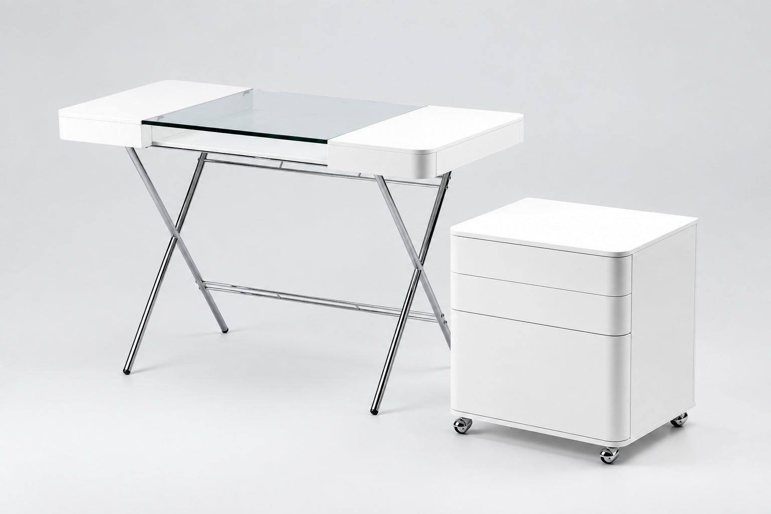 Bureau Cosimo verre et laqué blanc mat avec le caisson Cosimo blanc