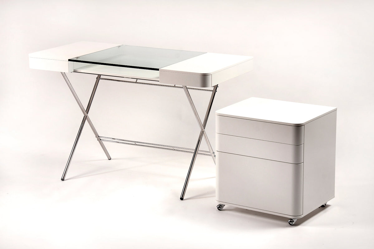 Bureau Cosimo verre et laqué blanc mat avec le caisson Cosimo blanc
