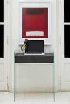 Bureau Console Zen 13 | Verre Trempé, Tiroir Bois et Poignée Cuir