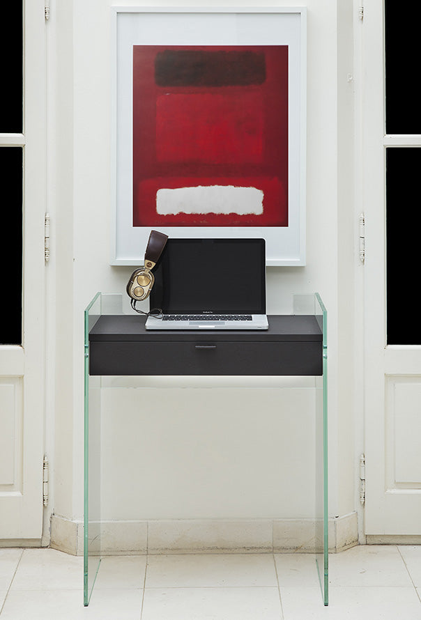 Bureau Console Zen 13 | Verre Trempé, Tiroir Bois et Poignée Cuir