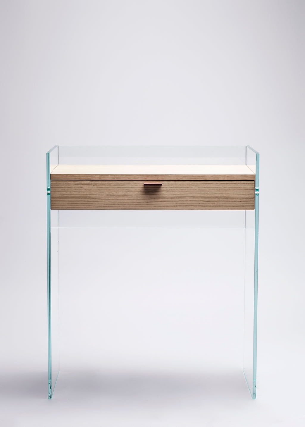 Bureau Console Zen 13 | Verre Trempé, Tiroir Bois et Poignée Cuir