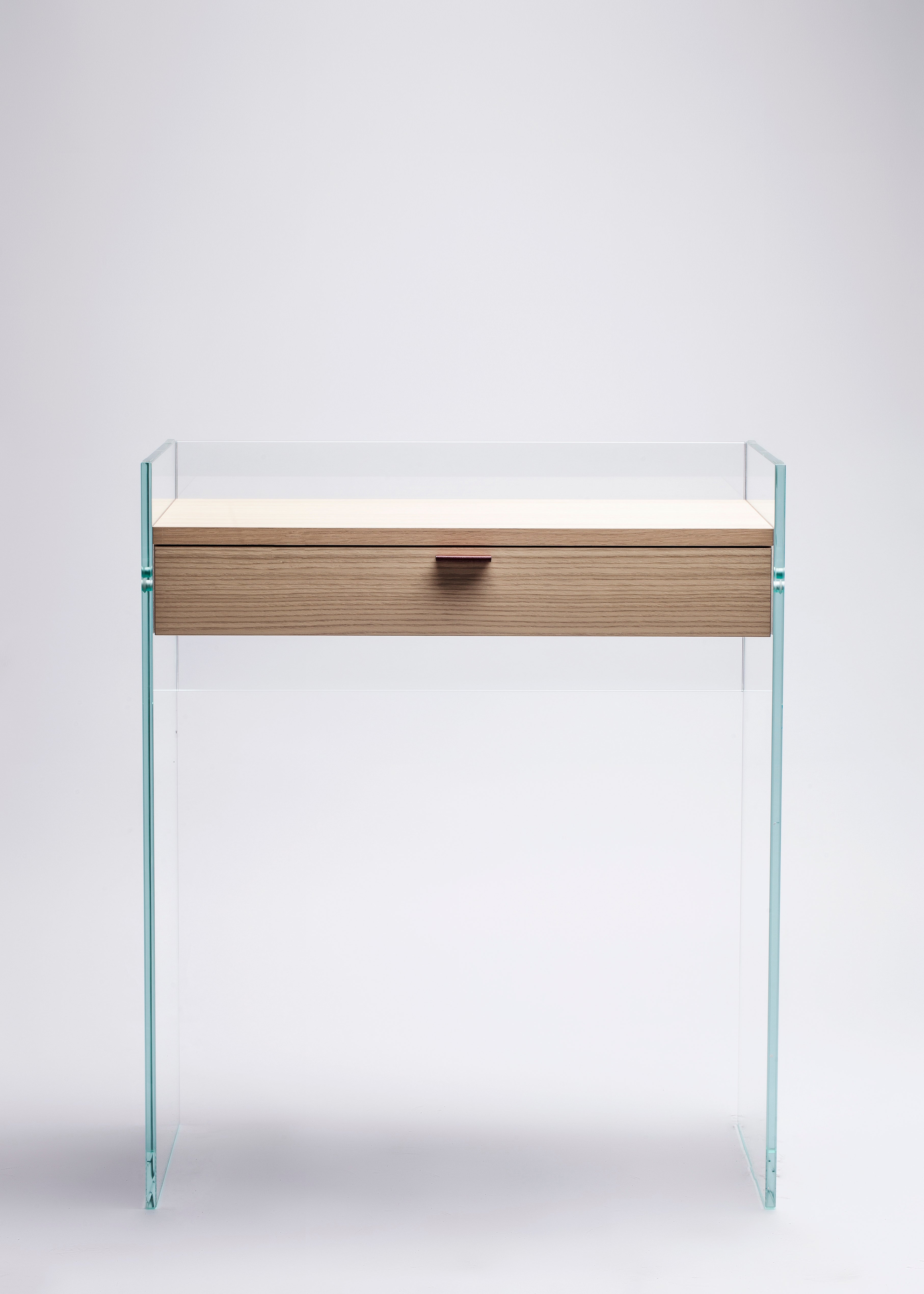 Bureau Console Zen 13 | Verre Trempé, Tiroir Bois et Poignée Cuir