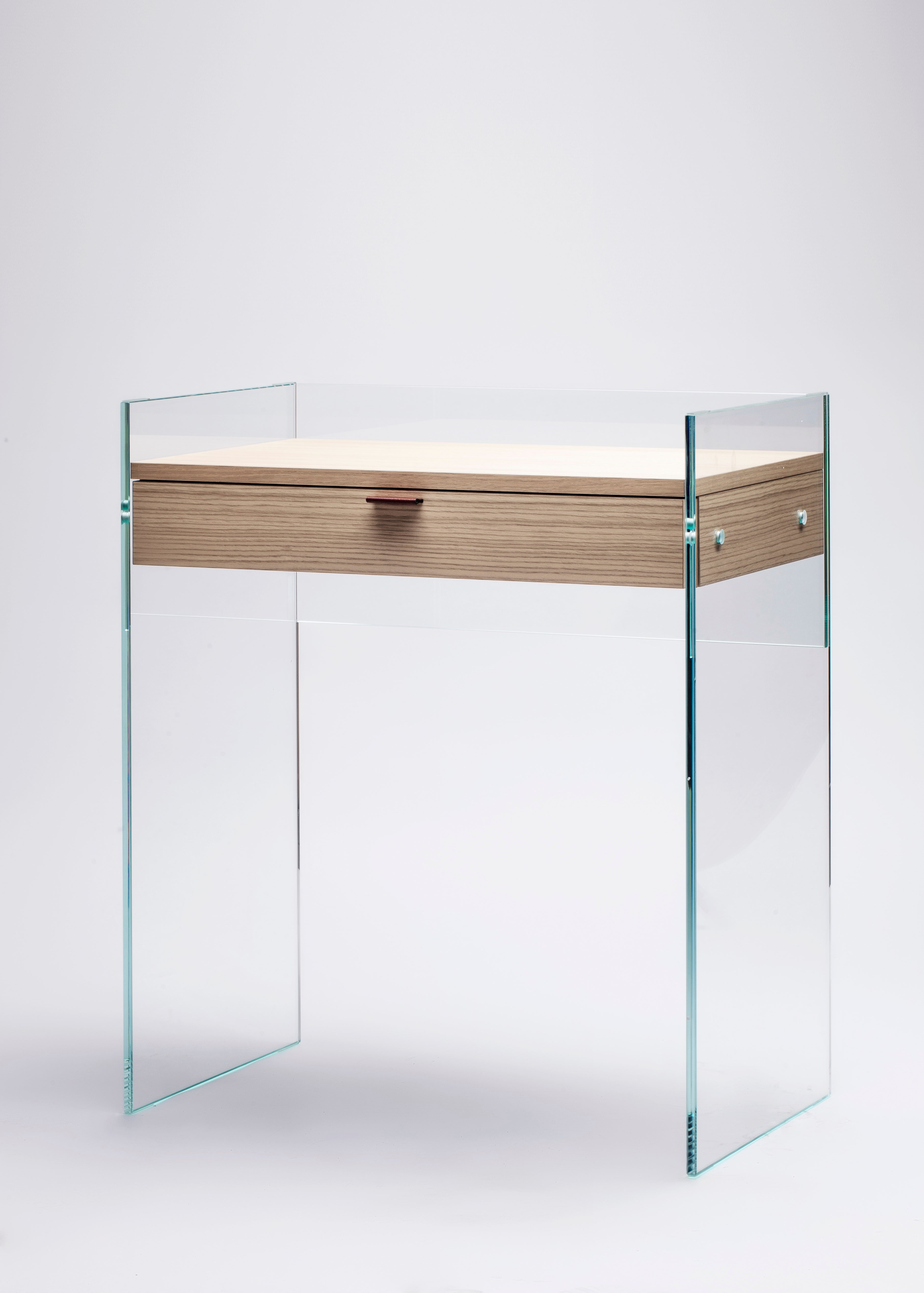 Bureau Console Zen 13 | Verre Trempé, Tiroir Bois et Poignée Cuir