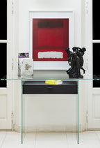 Bureau Console Zen 13 | Verre Trempé, Tiroir Bois et Poignée Cuir