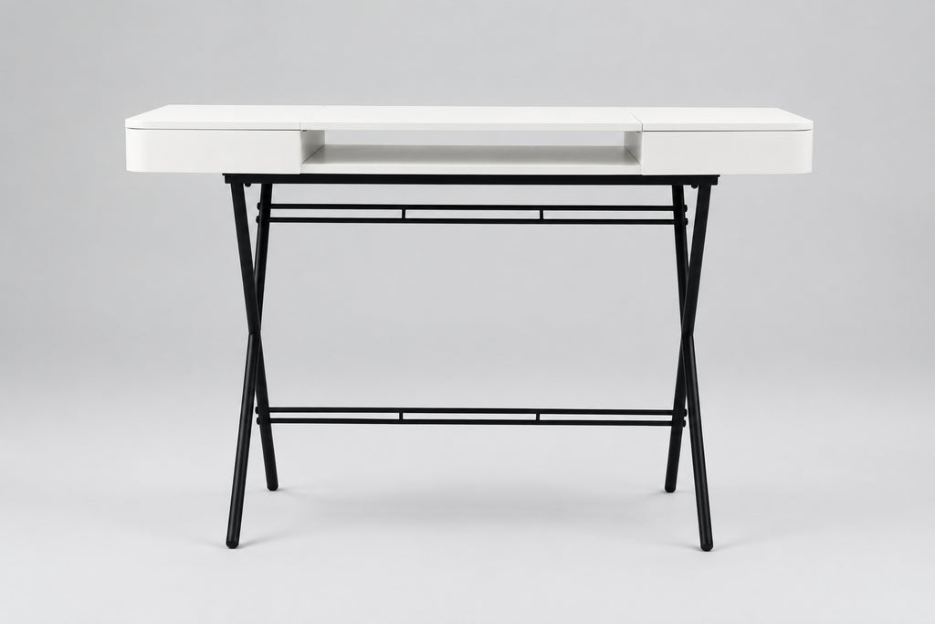 Bureau Cosimo laqué blanc mat, piètement laqué bronze foncé mat, vue de face
