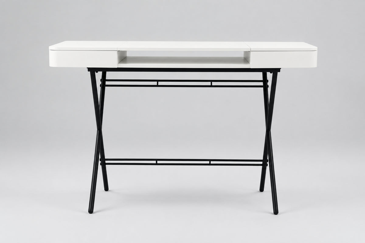 Bureau Cosimo laqué blanc mat, piètement laqué bronze foncé mat, vue de face