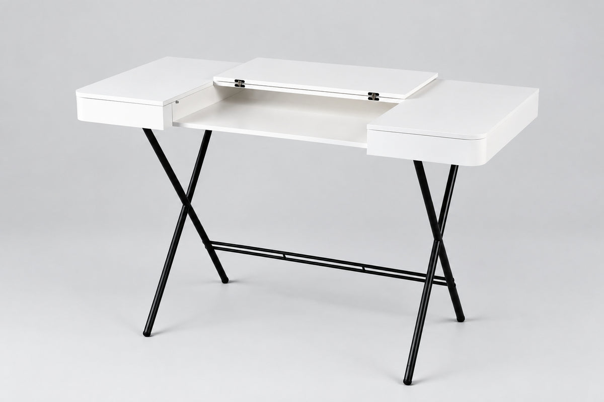 Bureau Cosimo laqué blanc mat, tablette ouverte à 180°, piètement laqué bronze foncé mat, vue de trois quarts