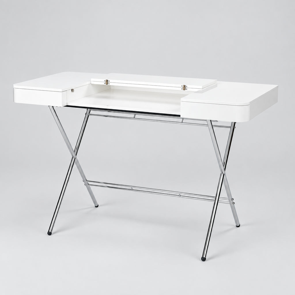 Bureau Cosimo laqué blanc mat, piètement chromé, vue de trois quarts