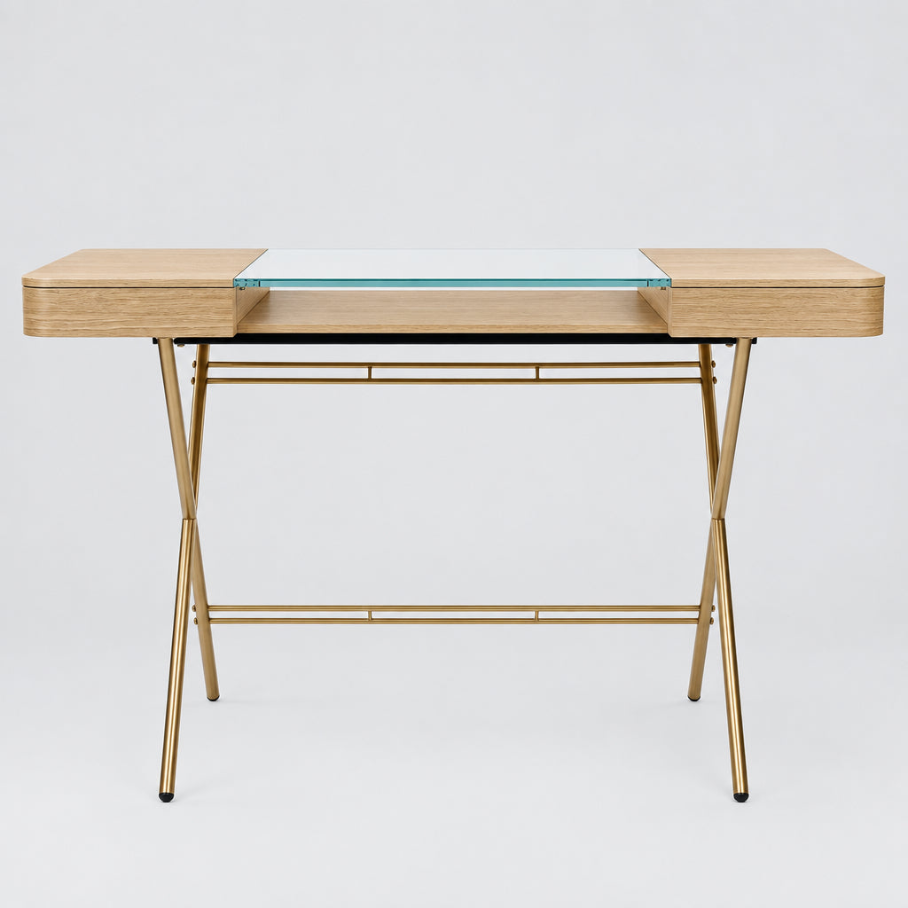 Bureau Cosimo verre et chêne clair naturel, piètement laqué doré, vue de face