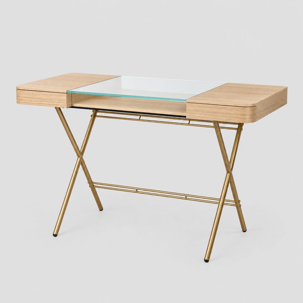 Bureau Cosimo verre et chêne clair naturel, piètement laqué doré, vue de trois quarts