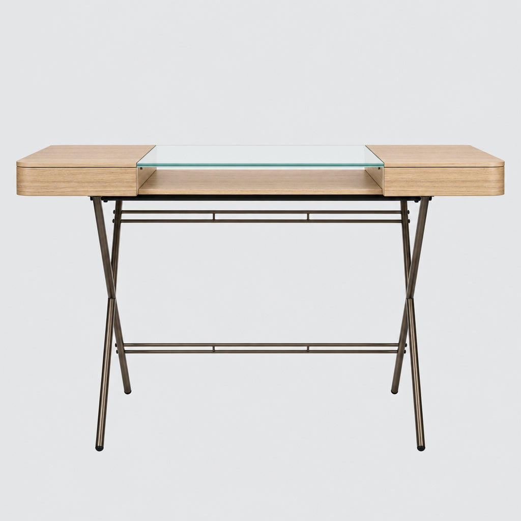 Bureau Cosimo verre et chêne clair naturel, piètement laqué bronze foncé mat, vue de face