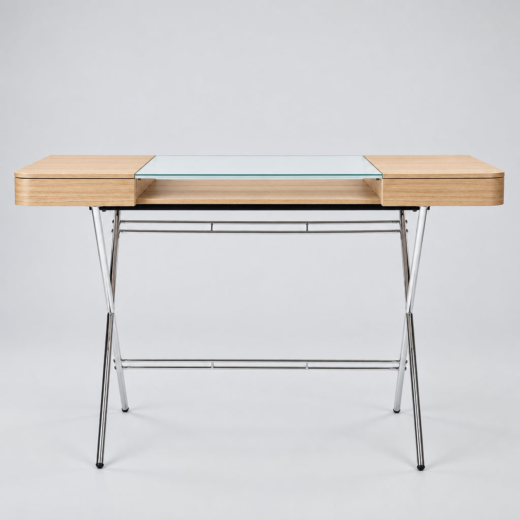 Bureau Cosimo verre et chêne clair naturel, piètement chromé, vue de face
