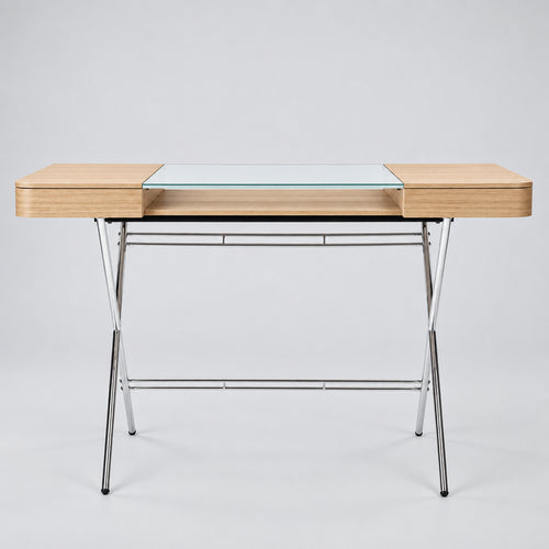 Bureau Cosimo verre et chêne clair naturel, piètement chromé, vue de face