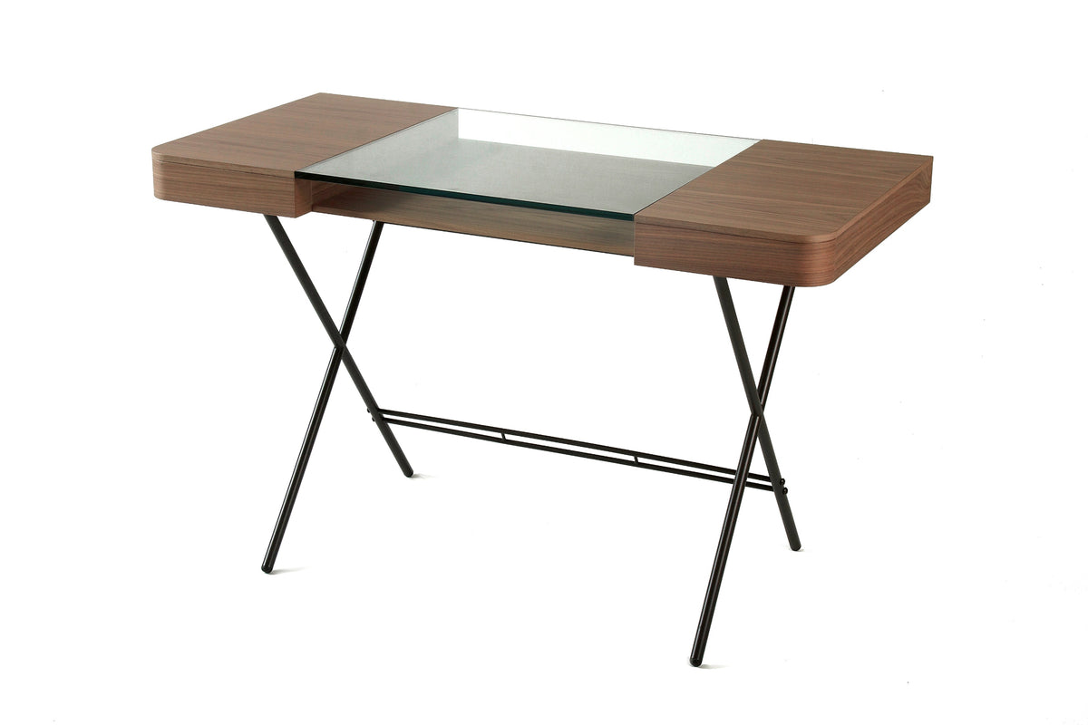 Bureau Cosimo verre et noyer canaletto, piètement laqué bronze foncé mat, vue de trois quarts