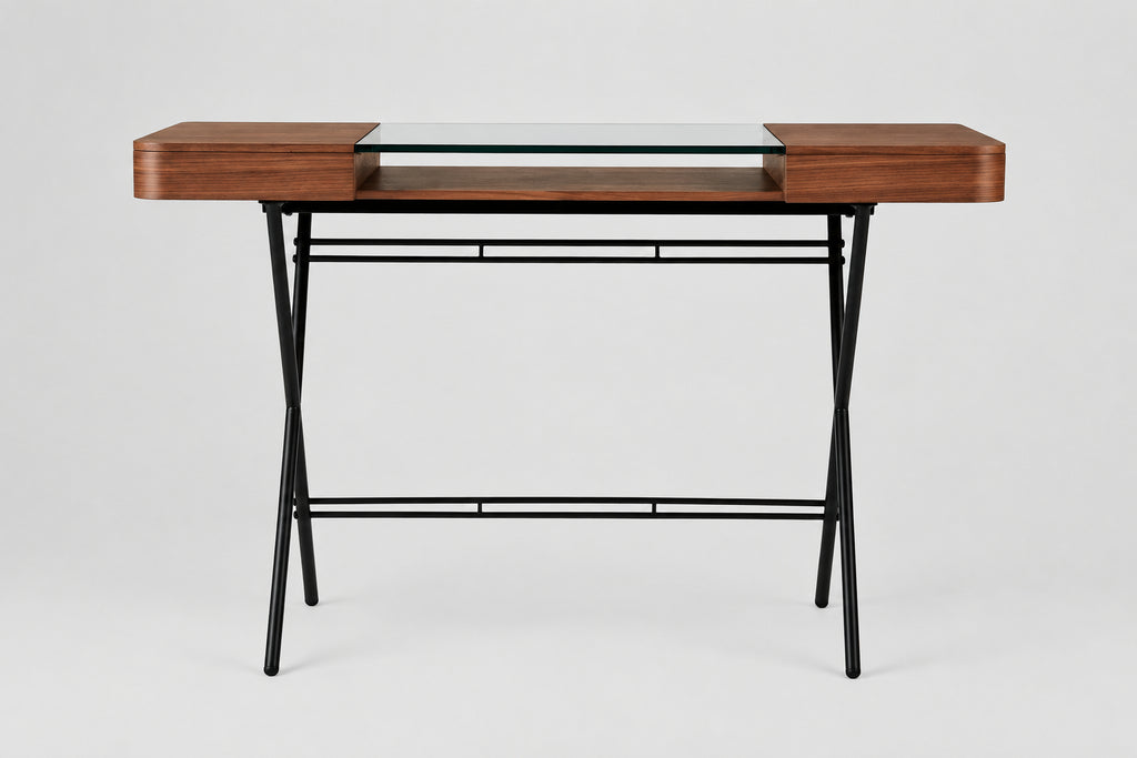 Bureau Cosimo verre et noyer canaletto, piètement laqué bronze foncé mat, vue de face