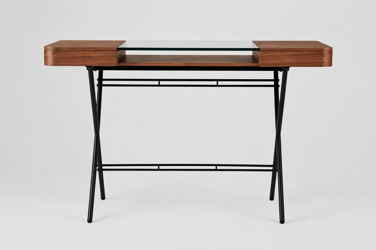 Bureau Cosimo verre et noyer canaletto, piètement laqué bronze foncé mat, vue de face