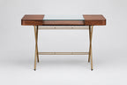 Bureau Cosimo verre et noyer canaletto, piètement laqué doré, vue de face