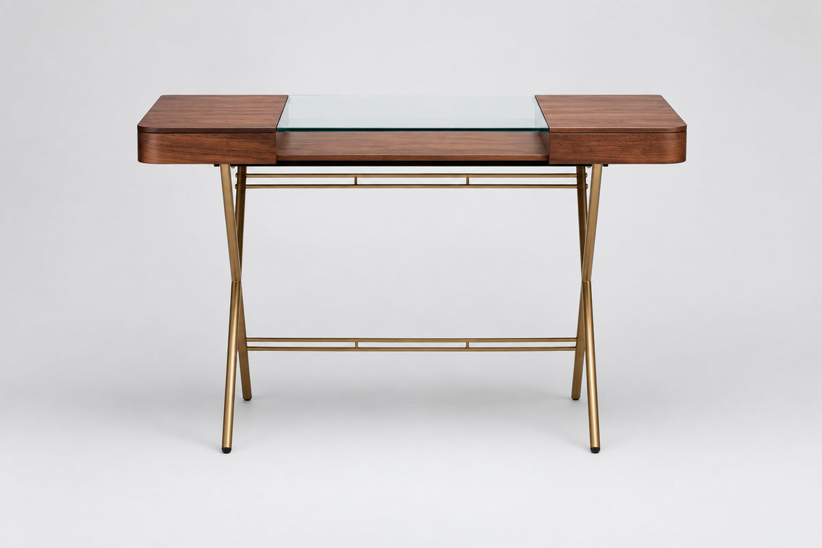 Bureau Cosimo verre et noyer canaletto, piètement laqué doré, vue de face