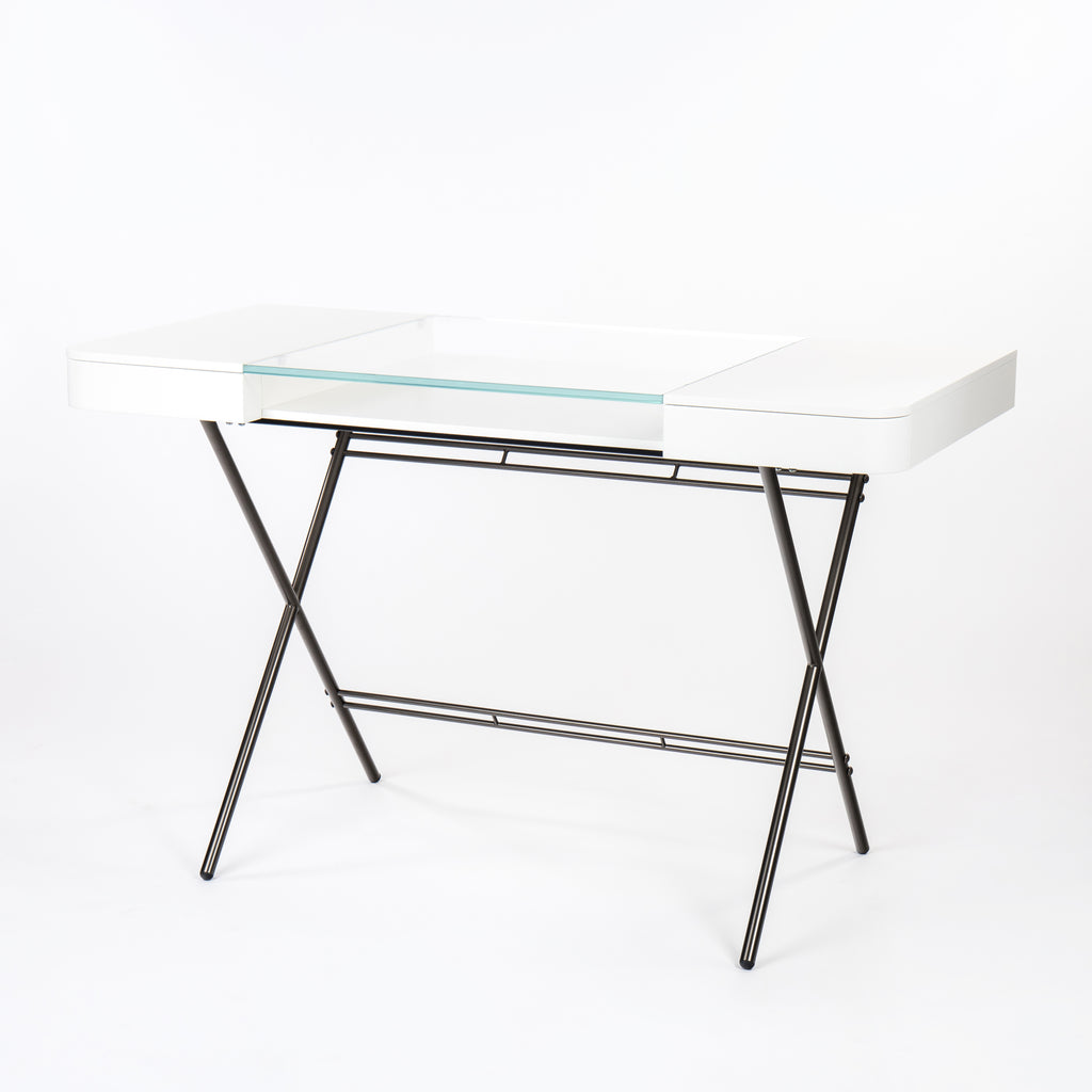 Bureau Cosimo, verre et laqué blanc mat