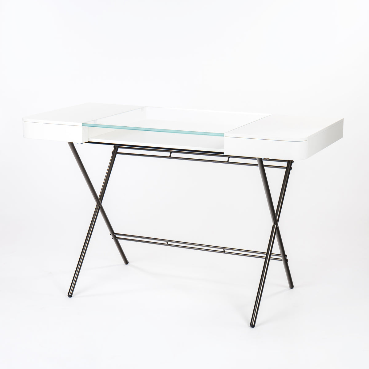 Bureau Cosimo, verre et laqué blanc mat