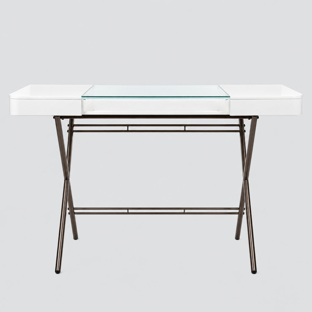 Bureau Cosimo verre et laqué blanc mat, piètement laqué bronze foncé mat, vue de face