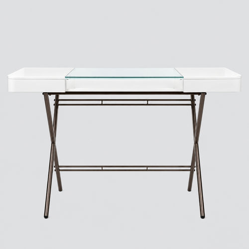 Bureau Cosimo verre et laqué blanc mat, piètement laqué bronze foncé mat, vue de face