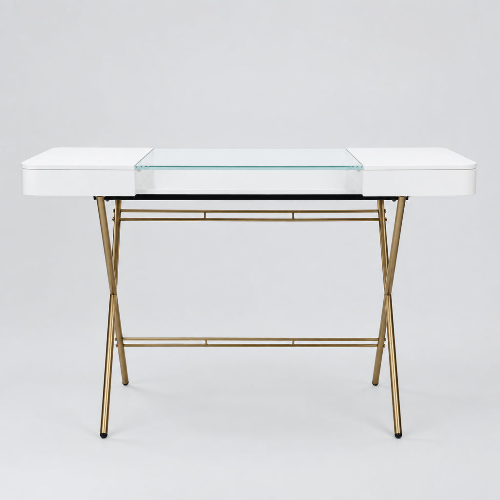 Bureau Cosimo verre et laqué blanc mat, piètement laqué doré, vue de face