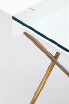 Plateau en verre et piètement laqué doré, bureau Cosimo laqué blanc mat