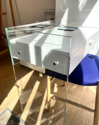 Bureau Console Zen 13 | Verre Trempé, Tiroir Bois et Poignée Cuir