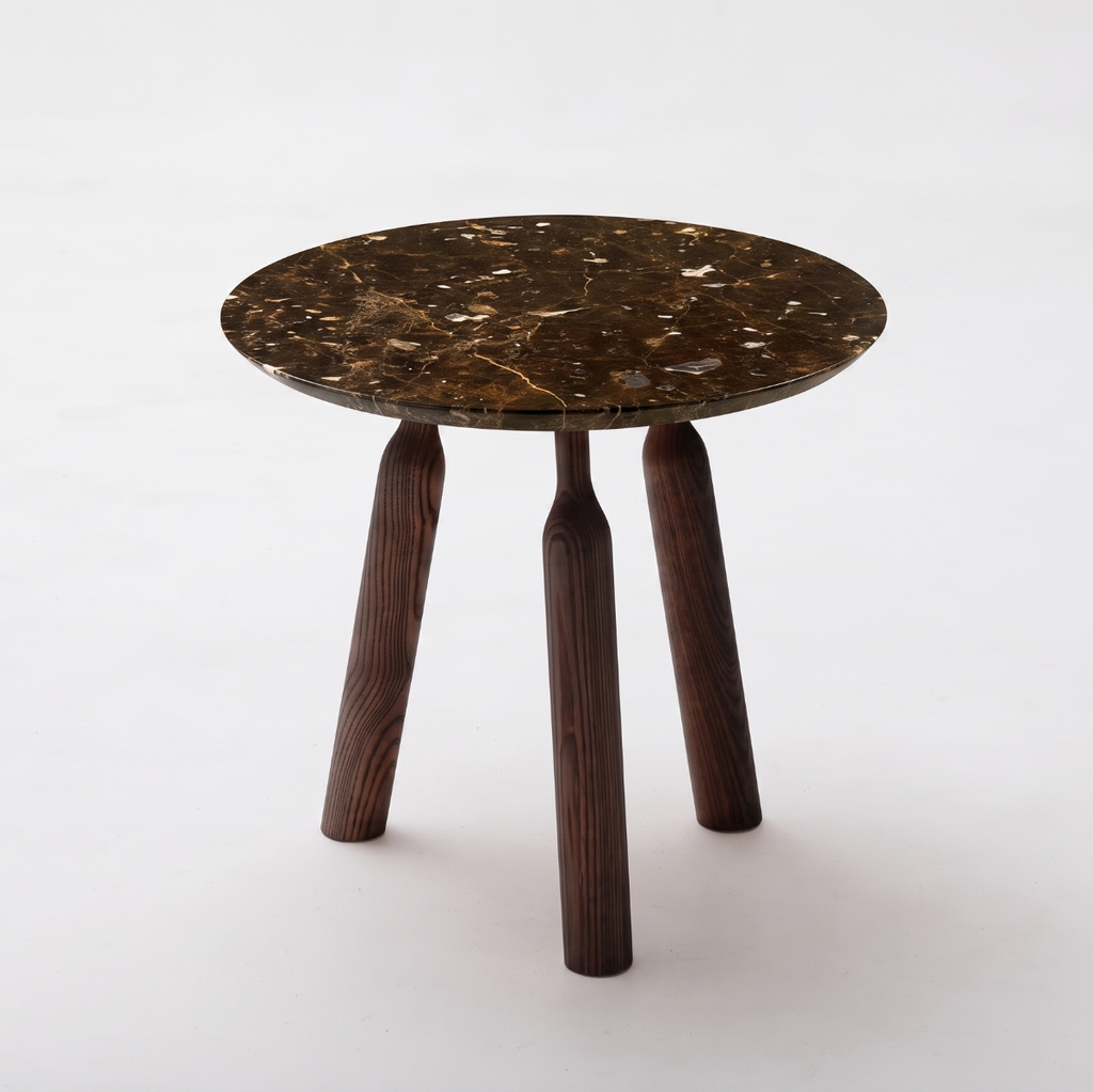 Table Basse Ninna | Frêne massif tourné et marbre Emperador | Design Carlo Contin